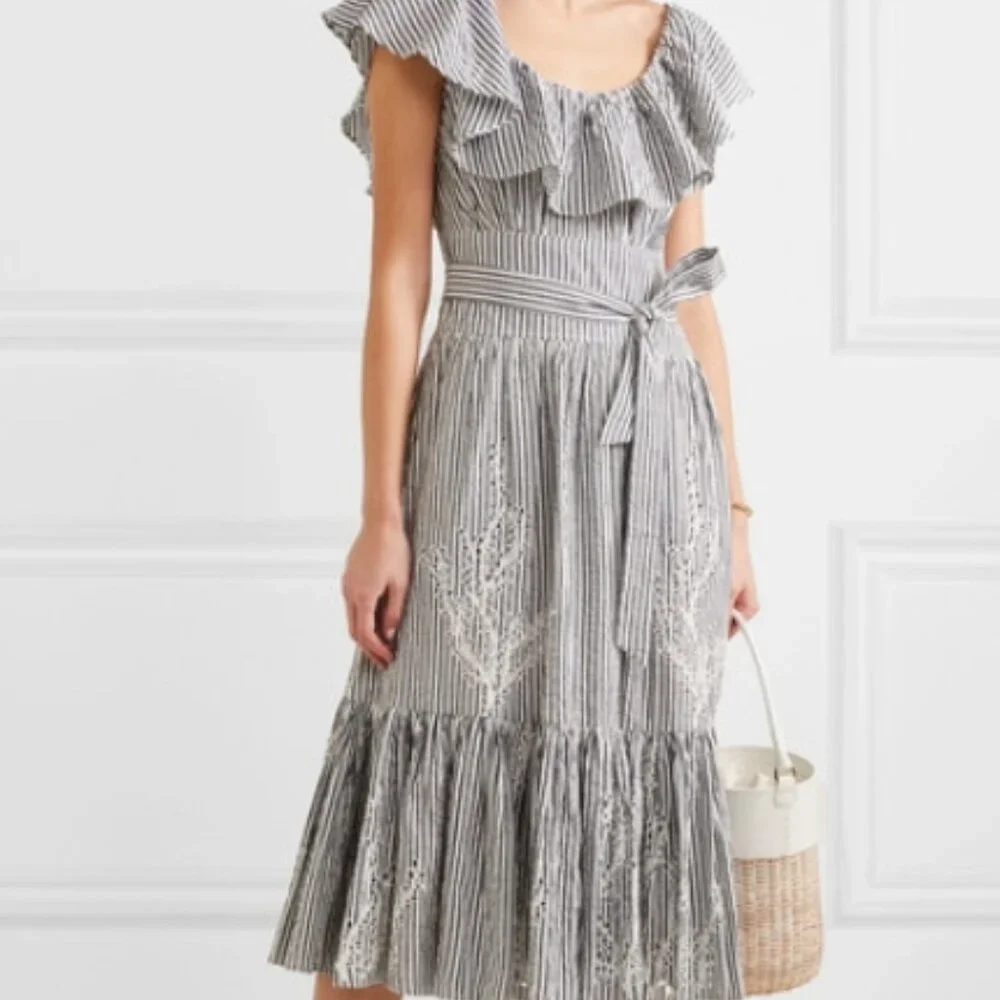 NWOT Tory Burch Summer 2019 Runway Stripe Eyelet Embroidered Maxi Dress S $548